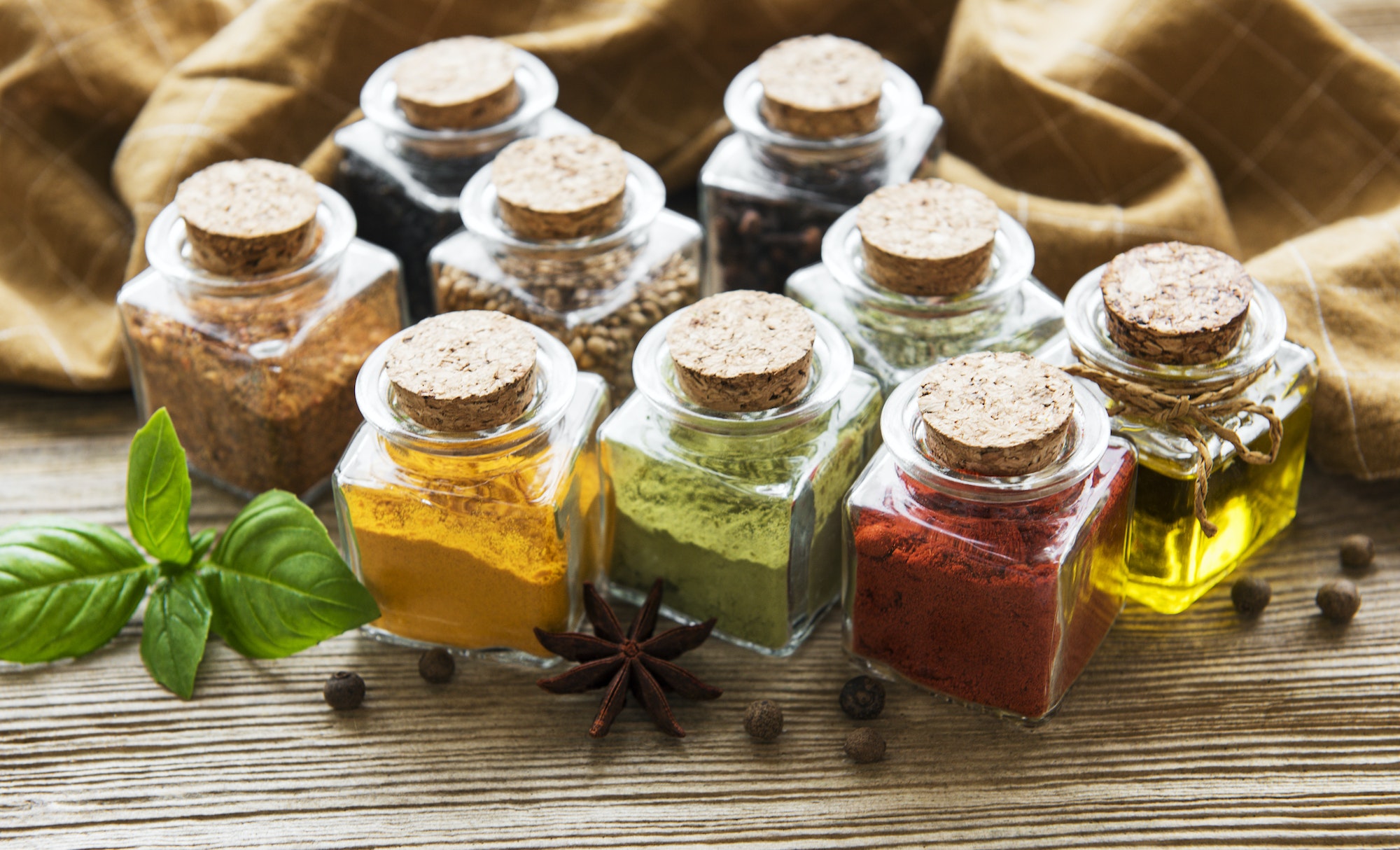 Jars with dried herbs, spices