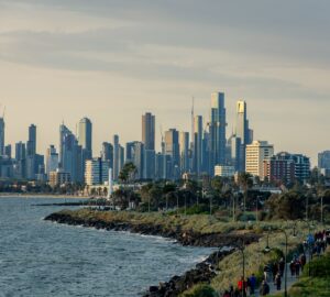 Skyline of Melbourne across water on a summer day, Australia