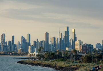 Skyline of Melbourne across water on a summer day, Australia