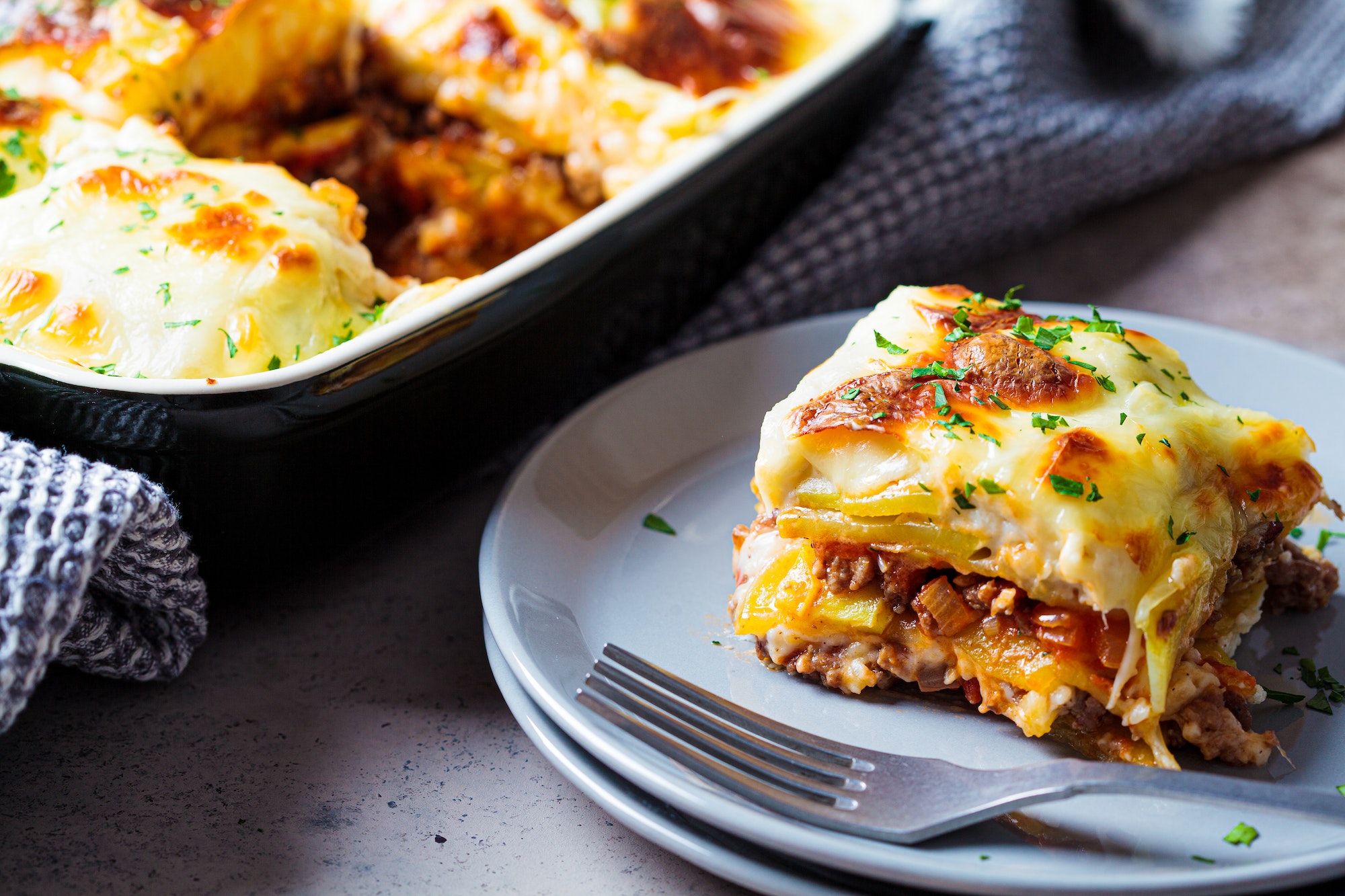 Portion of Greek potato and meat casserole