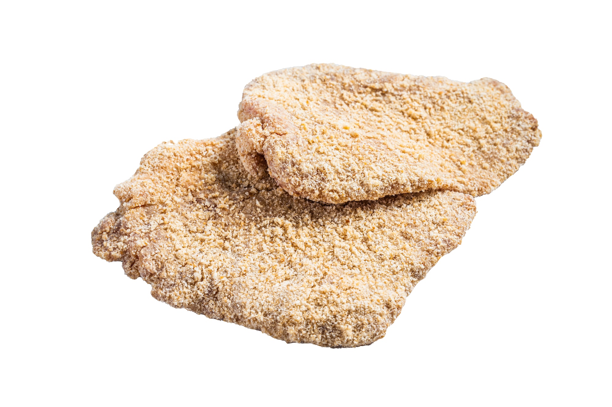 Raw chicken schnitzel Escalope in breadcrumbs. Isolated on white background.