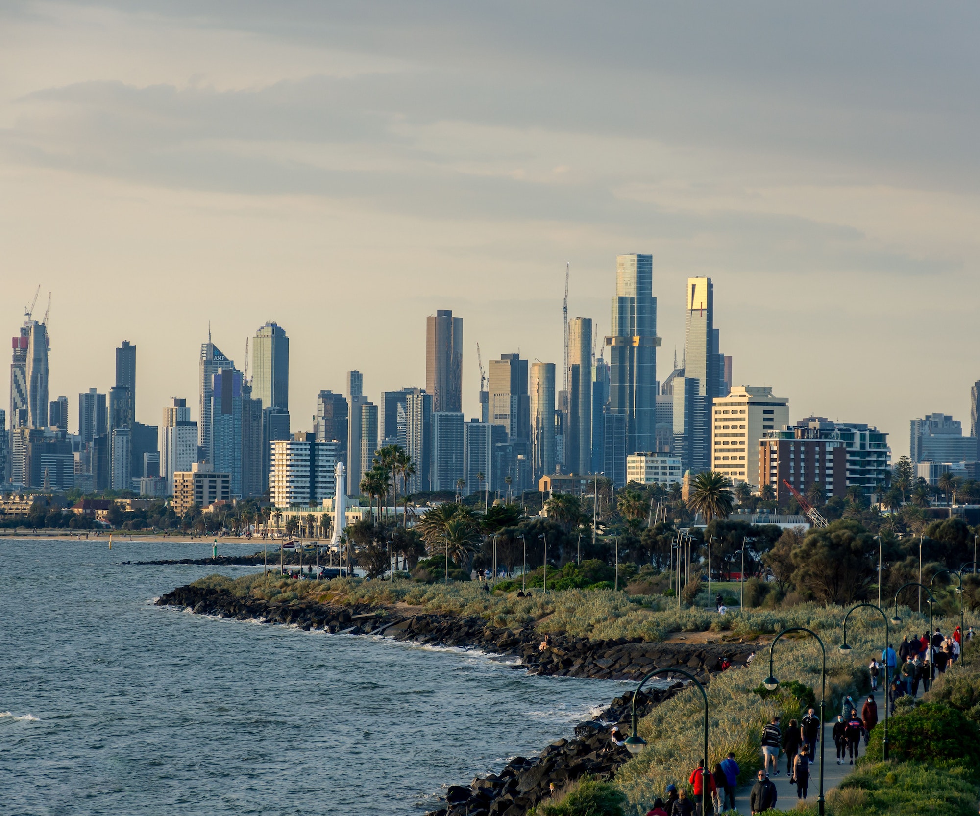 Skyline of Melbourne across water on a summer day, Australia